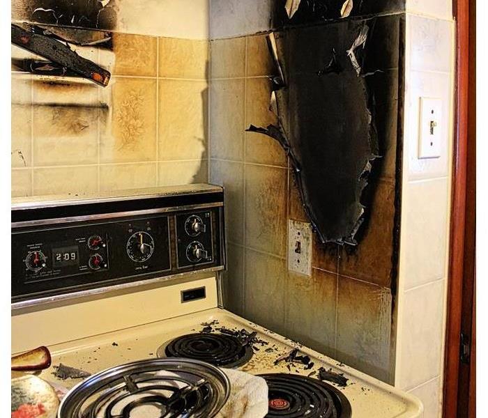 Fire damage in a kitchen. 